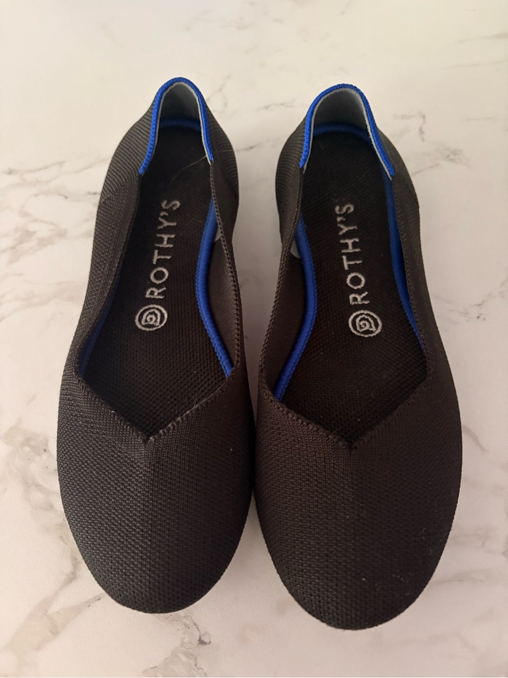 Rothy's Black Slip-On Loafers with Blue Trim